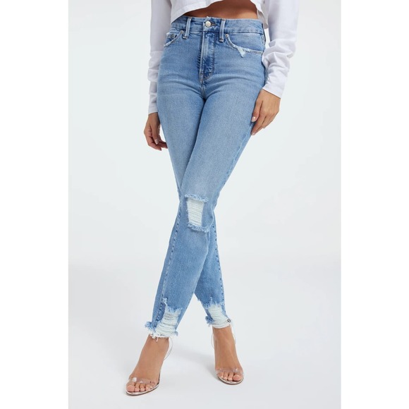 Good American Slim Straight Jeans Womens Size 2 Blue Distressed High Rise NWT - Picture 1 of 9